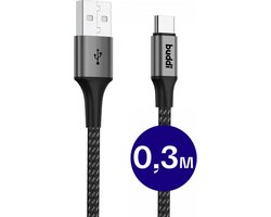 Buddi Flex | USB-A naar USB-C Kabel 12W Fast Charge 5V/2.4A | 480Mbps Dataoverdracht | Gevlochten Nylon | 0,3M Zwart
