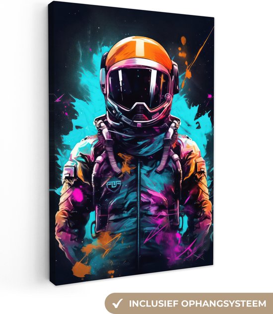 Canvas schilderij 80x120 cm - Wanddecoratie Astronaut - Neon - Gaming - Ruimte - Muurdecoratie game room - Gaming kamer decoratie - Gameroom accessoires - Schilderijen