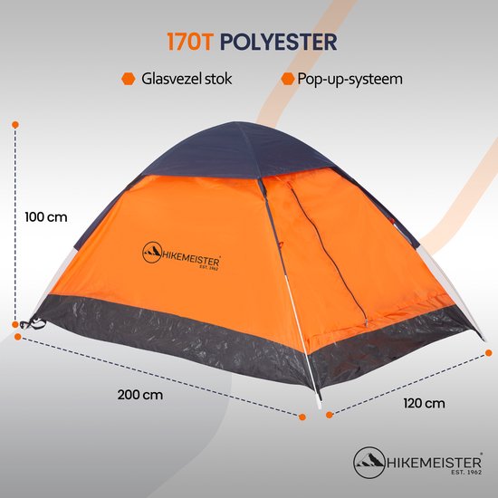 Oranje en donkerblauwe pop-up tent met afmetingen 200x120x100 cm, 170T polyester.