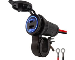 ProRide 12V USB Lader Motor - USB C Aansluiting Motor - 2 Poorten met Schakelaar - QC3.0 - Voor Motor en Motorfiets - Blauw