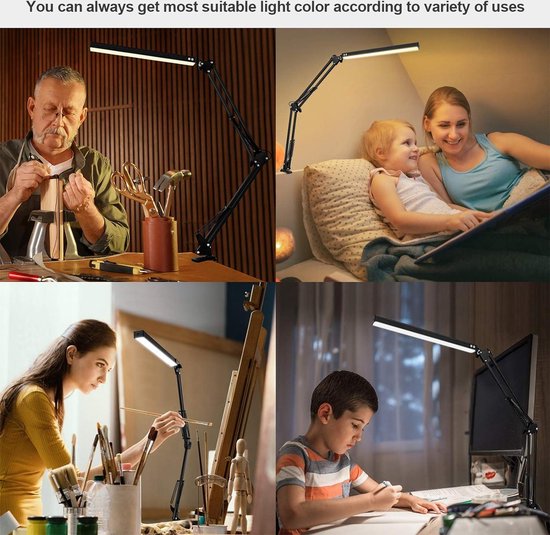 LED Bureaulamp met Klem - Oogbeschermende LED Lamp - Verstelbare Werklamp - 3 Lichtstanden - 10 Helderheidsniveaus - Zwart — afbeelding 3