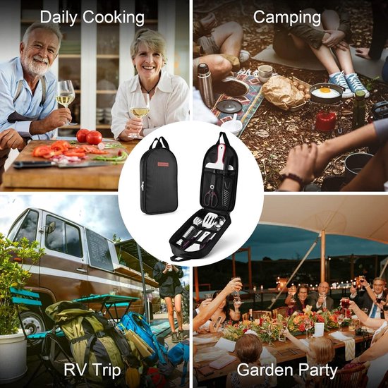 Campingkookgerei Set Organizer - Santoku Mes - Keukenschaar - Tangen - Schep - Snijplanken - Schilmes - Picknick Reizen Wandelen Tuin camping pannenset