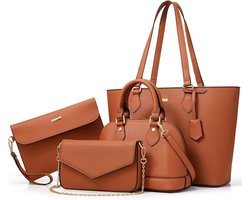 4-delige tassen set - Bruin - Schoudertas, crossbody tas, handtas, clutch - 33 x 12 x 26 cm - Damestas met veel capaciteit - Schooltas, shopper, werktas, festivaltas - waterbestendig - Gouden hardware