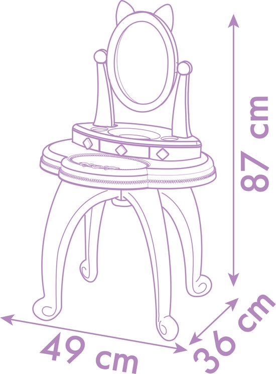 Schematische tekening van Gabby's Dollhouse kaptafel met afmetingen 87cm, 49cm en 36cm.