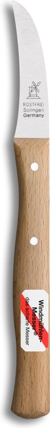 Gebogen mes met houten handvat en rode "Windmühlen Messer das scharfe Messer" sticker.