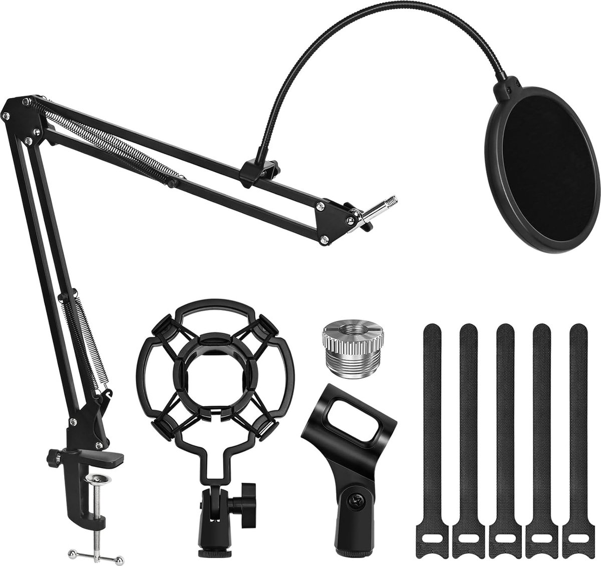 Microfoonarm, microfoonstatieftafel met popbescherming & microfoonclip en kabelbinder zwart voor microfoon PC, microfoonarm perfect voor gaming streaming podcast