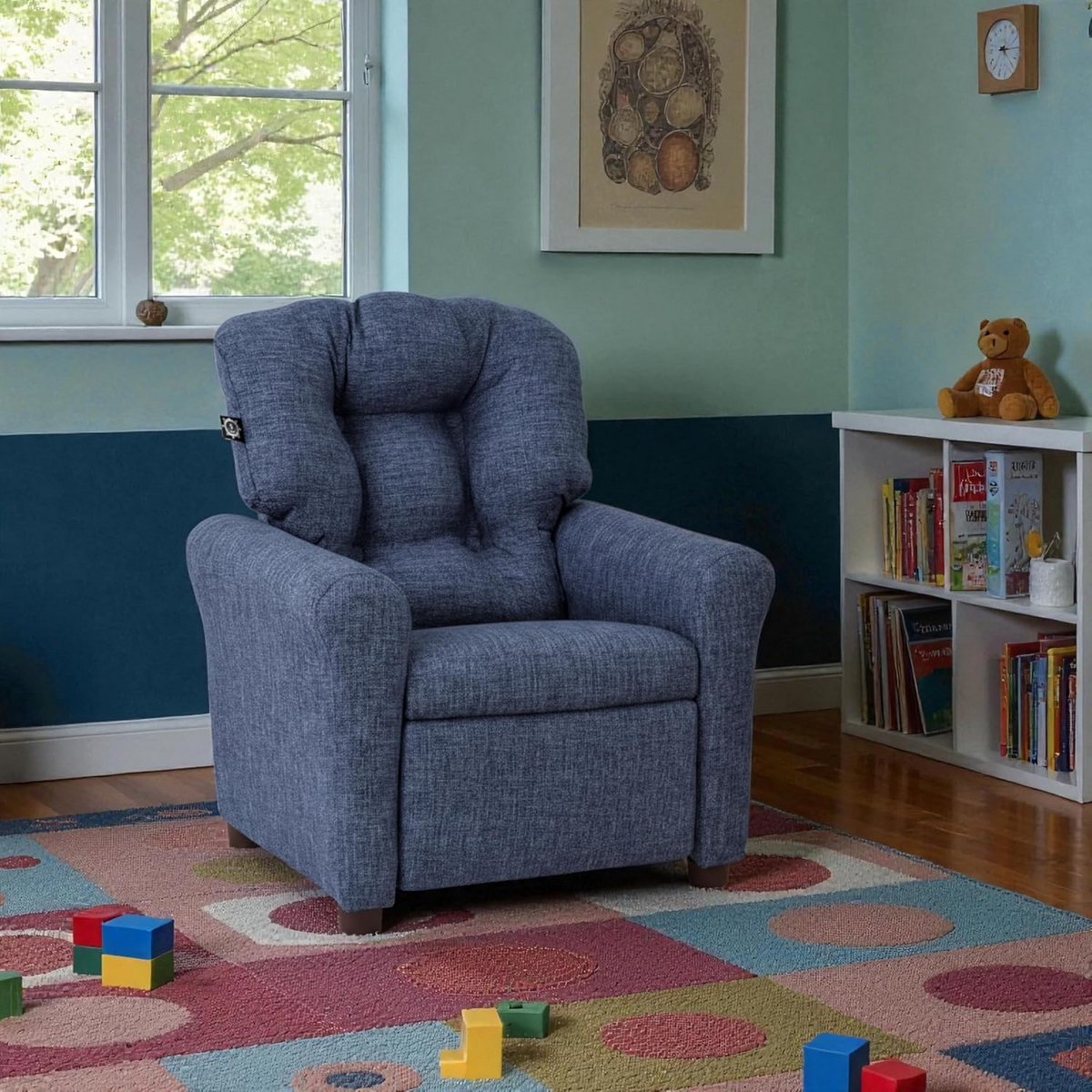 Kinderfauteuil met verstelbare rugleuning en voetenbank - Polyester linnen - Sapphire