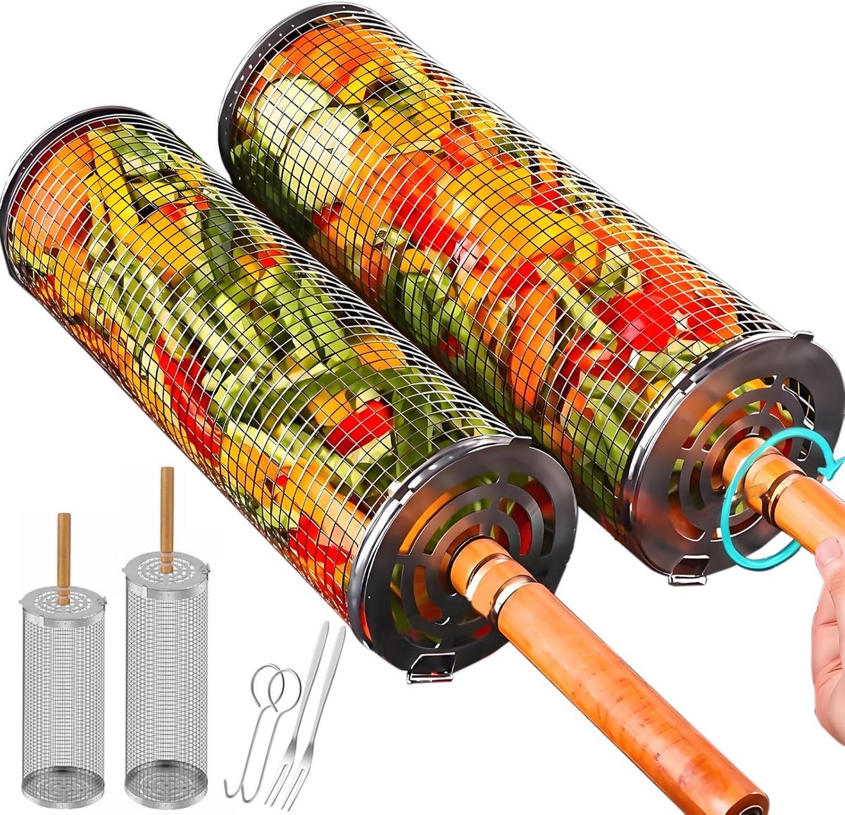 Draaibare Cilindrische Grillmand Set van 2 in RVS voor Groenten en Vis