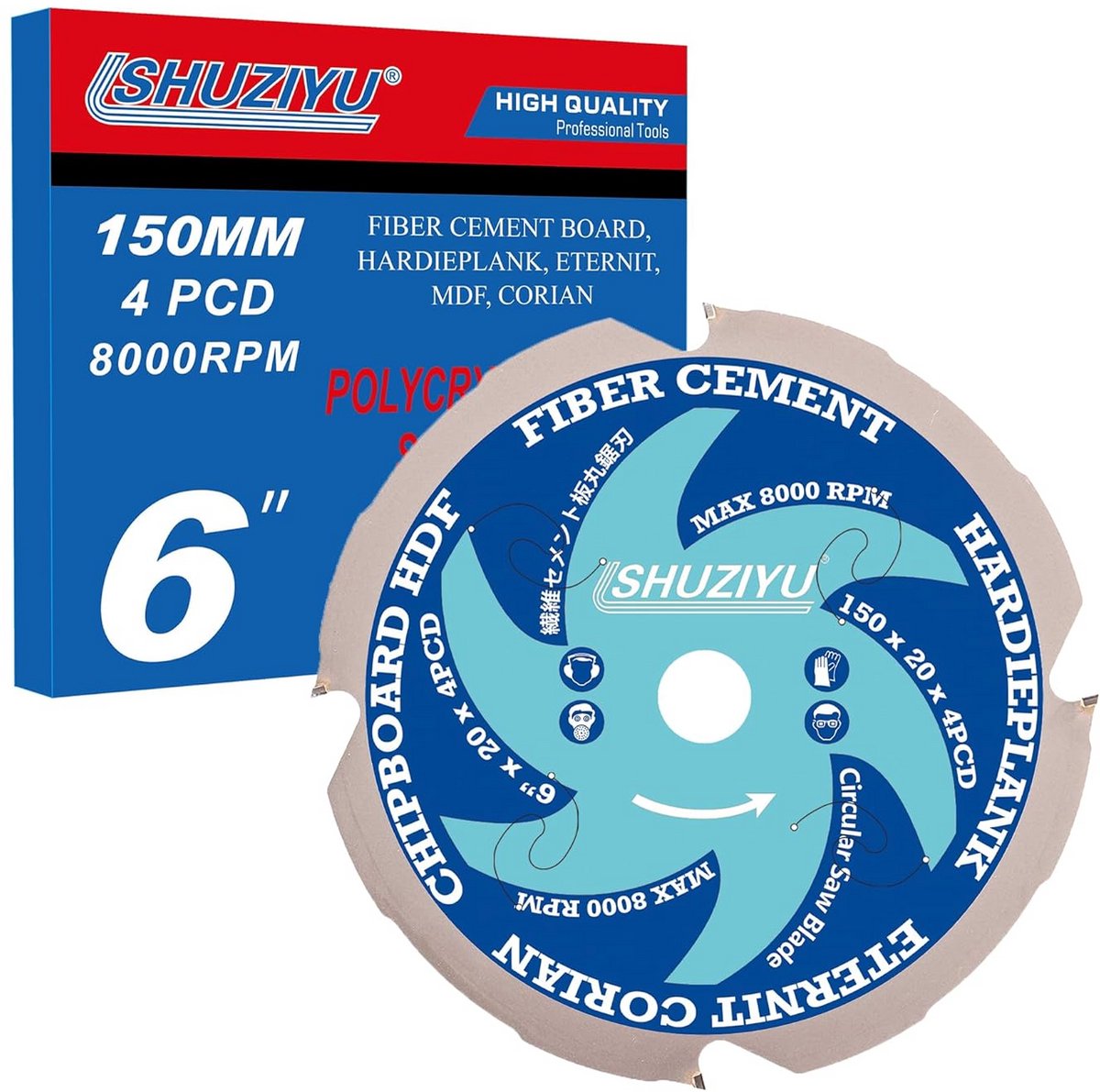 150mm 4PCD zaagblad voor vezelcement met 20mm middengat en polykristallijne diamant punt