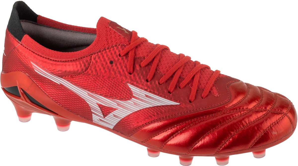 Mizuno Morelia Neo IV Beta Elite FG voetbalschoenen voor mannen, rood, maat 42, gemaakt van grof leder.