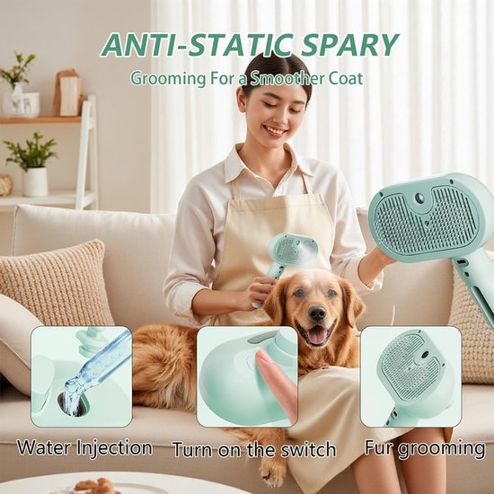 Vrouw borstelt haar golden retriever met een lichtgroene stoomborstel. Knoppen tonen waterinjectie, aan/uit en vachtverzorging.