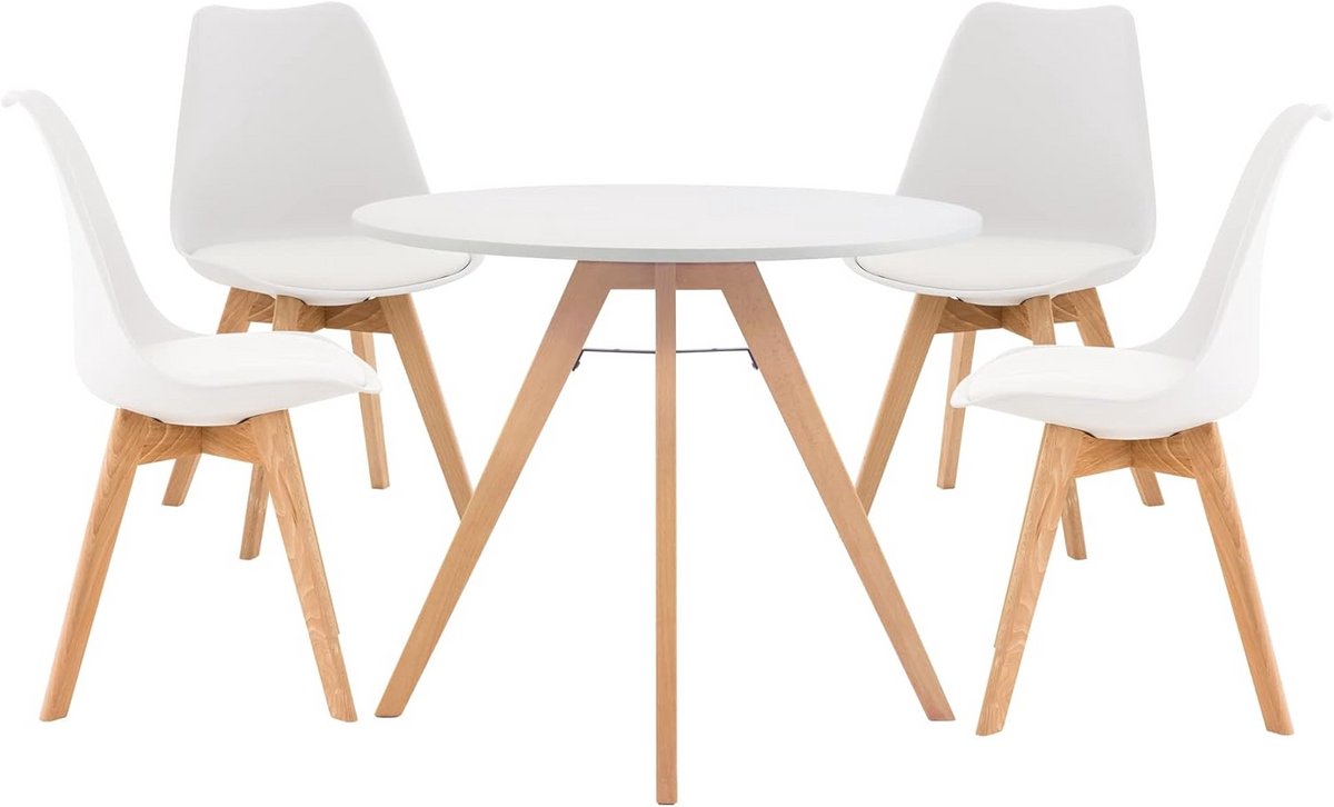 Witte woonkamer set met ronde tafel en vier stoelen - complete eethoek