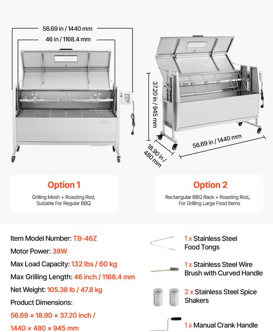 VEVOR Rotisserie Grill 38W Speenvarken Grill Lam Grill Houtskool Grill (1168,4 mm Grilllengte) met 60 Kg Draagvermogen & Wielen & 4-Voudige Hoogteverstelling & Deksel, Roestvrijstalen Elektrische Grillset Voor Kamperen van Merkloos — afbeelding 2