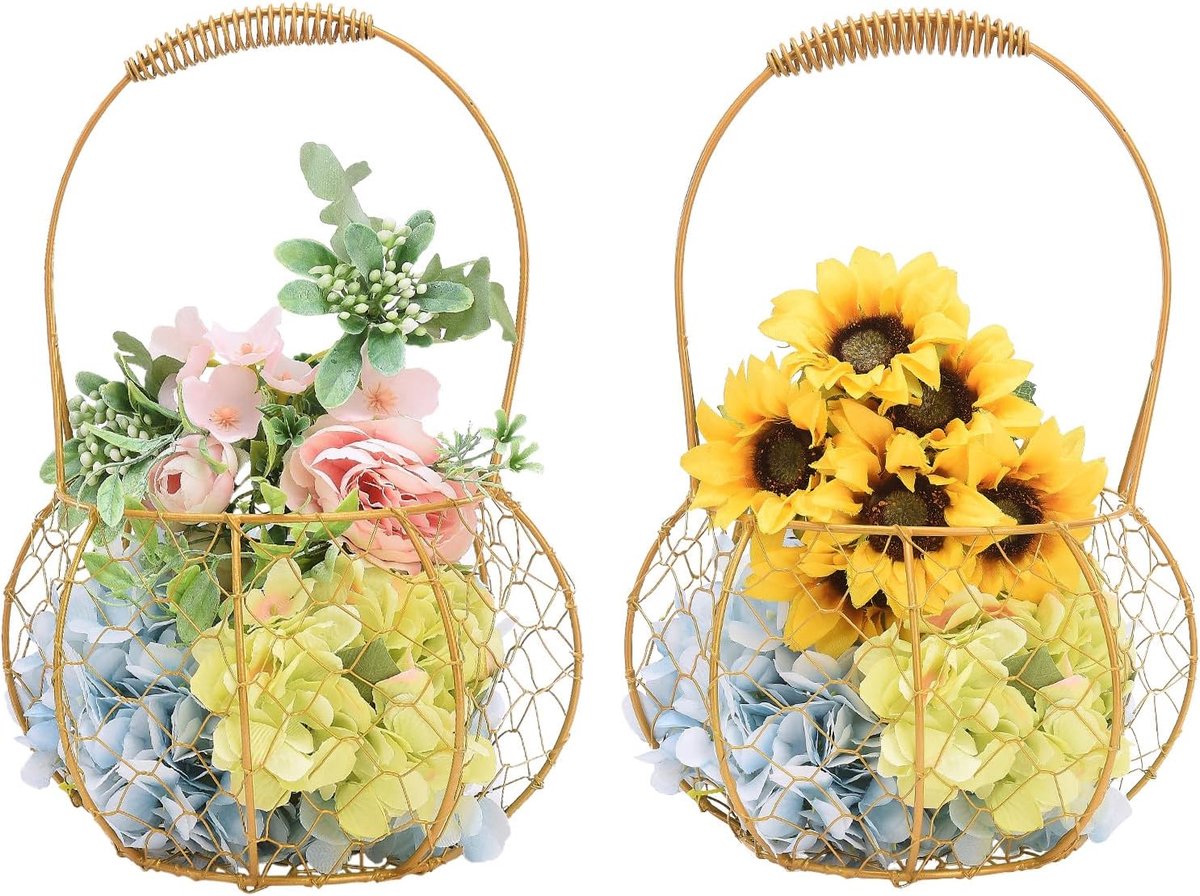 Metalen Bloemenmand - Draadmand Decoratie - Bruiloft Versiering - Rustieke Stijl - 28 x 18 x 18 cm - Goud