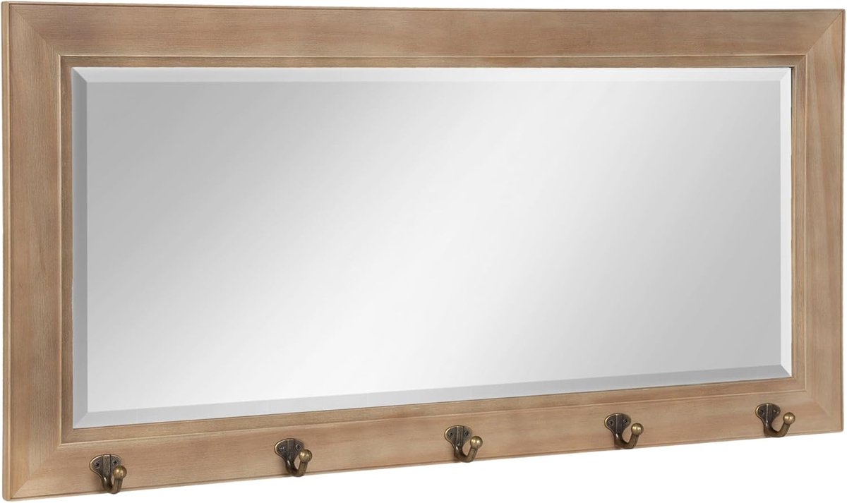 Wandspiegel met Haken - Pub Spiegel - Organiseren Ophangen - 5 Metalen Haken - 45x91 cm - Rustiek Grijs