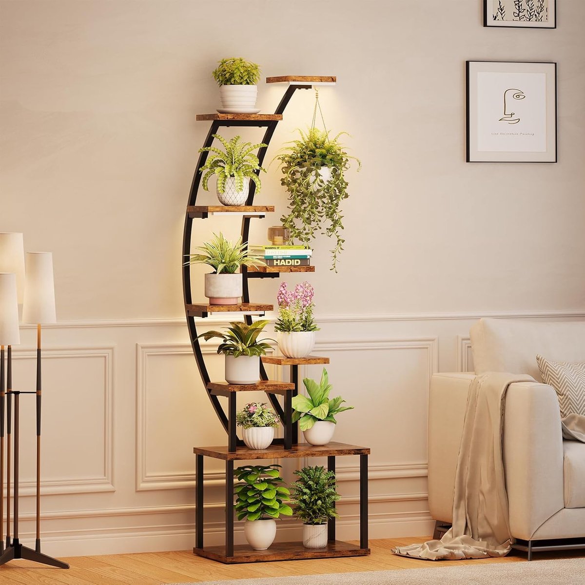 Moderne Metalen Plantenzuil met LED-Verlichting - Zwart Industrieel Frame met Houtlook - Voor Binnen & Buiten