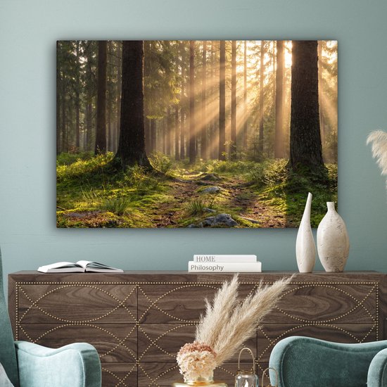 Een woonkamer met een canvas van een bos met zonlicht dat op een pad valt. De muur is groenblauw, naast de kast staan twee stoelen.