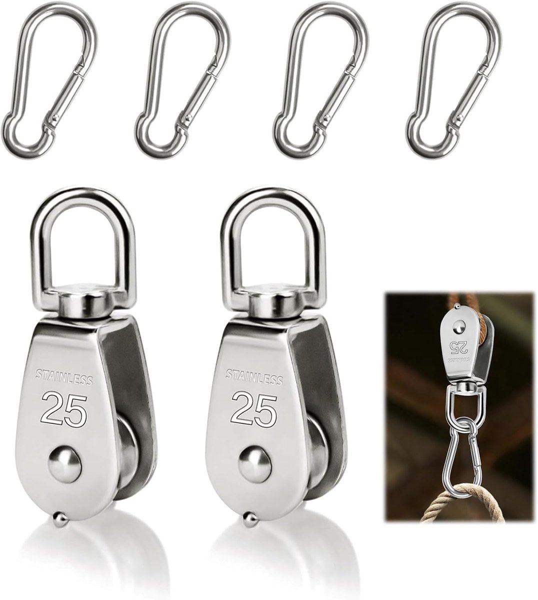 Blokkabelrollen Set - Katrollen Karabijn - Touw Hijsen - Roestvrij Staal - 150 kg Capaciteit - Zilver