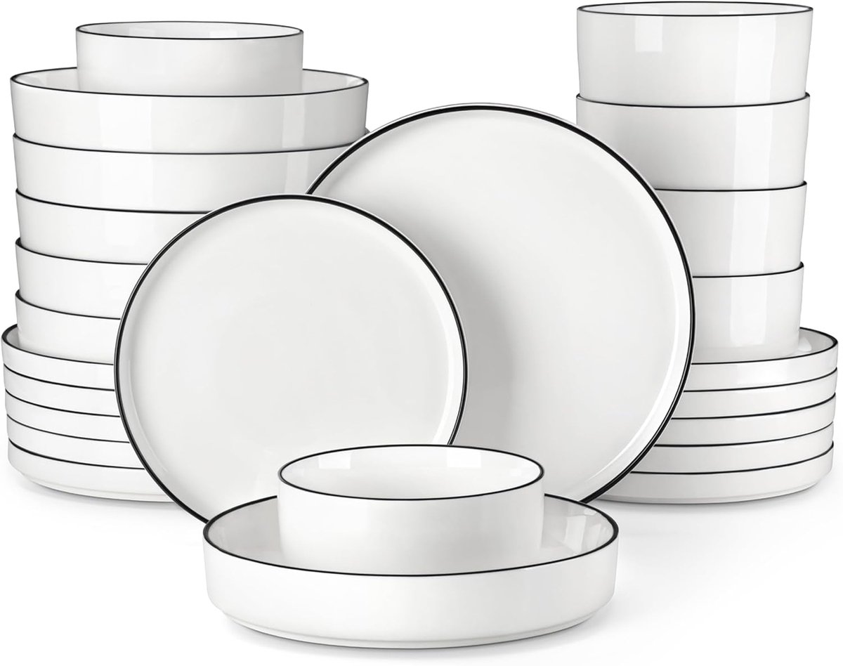 Servies Set - Borden en Kommen - Dagelijks Gebruik - Vaatwasser Vriezer Magnetronbestendig - 6 Persoons - Zwart Randje
