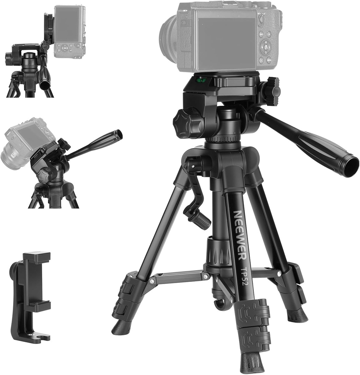Mini Statief - Compact Tafelstatief - Fotografie Video - 3-Weg Pan Tilt - Verstelbaar 63cm - Zwart