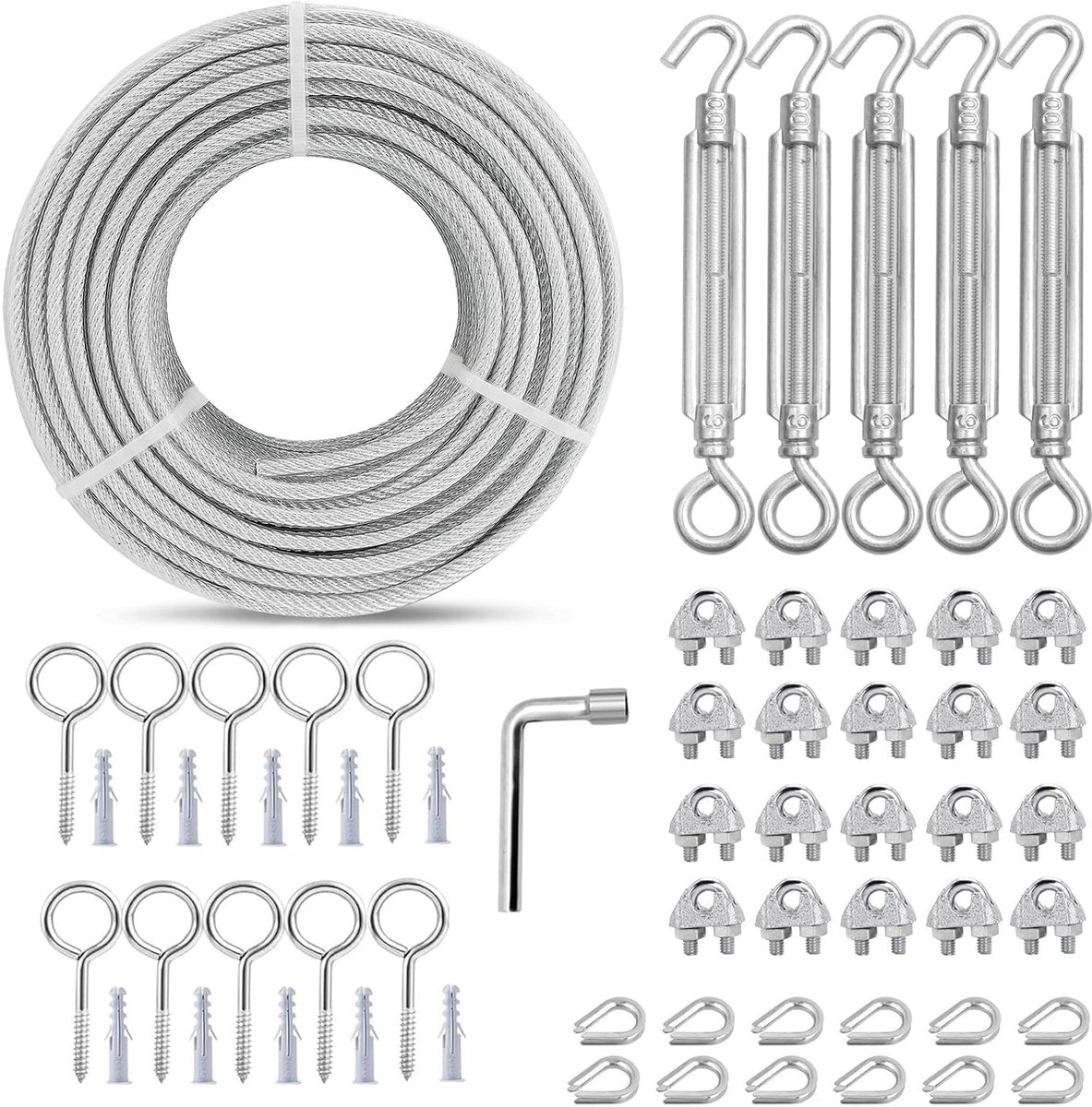 Staalkabel Set - Spankabel Draad - Buitenprojecten Ophangen - PVC Gecoat Robuust - 30 Meter 3mm - Zwart Zilver