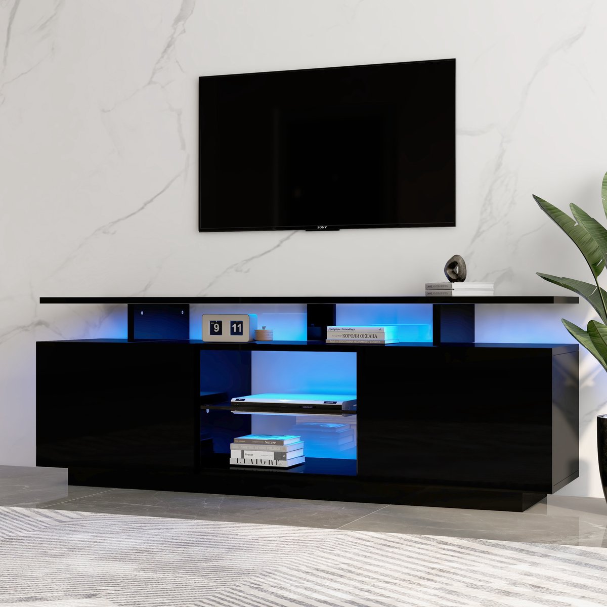 MODENUIT Tv-meubel - Ledverlichting En 2 Deuren - Voor 60 Inch Tv - Zwarte Spaanplaat - 14