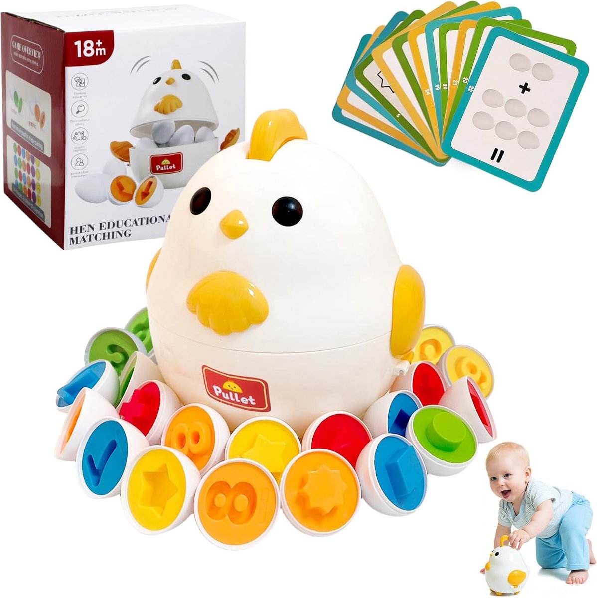 Eierspeelgoed set - Montessori eieren - Cognitieve ontwikkeling - Met kip auto - 20x18.5x18 cm - Meerkleurig