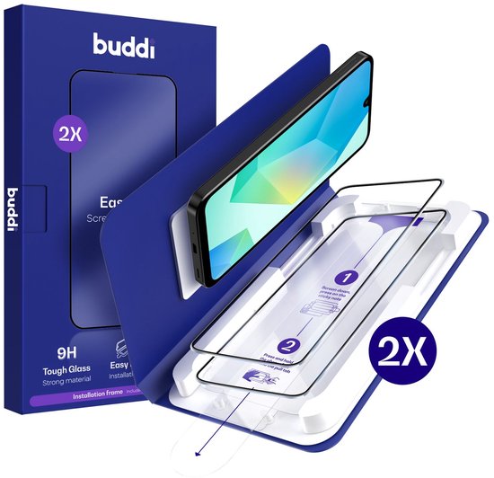 Buddi verpakking met telefoon, installatietray en twee screenprotectors. 2x, 9H Gehard glas.