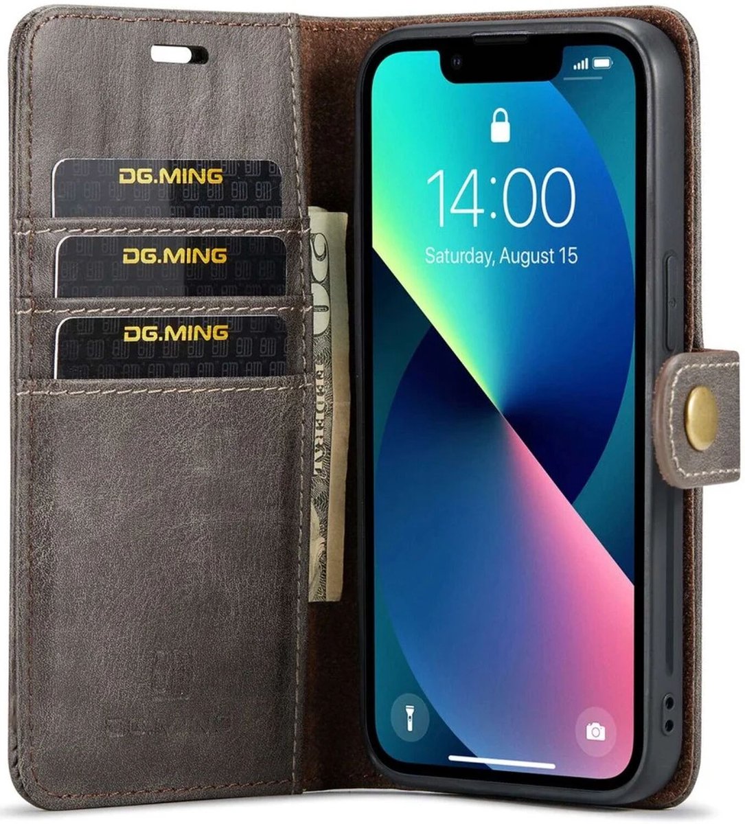 DG Ming 2-in-1 Hoesje Geschikt voor Apple iPhone 15 - Book Case met uitneembare Back Cover - Telefoonhoesje met Pasjes Splitleer Grijs