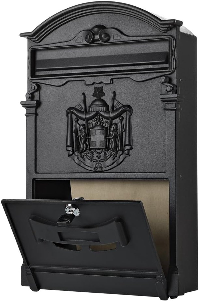 Wandbrievenbus - Postkast Antiek - Veilig Post Ontvangen - Met Naambordje - 40.5x25x9 cm - Zwart