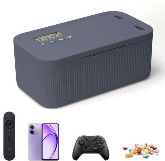 Professionele Time Lock Box met Timer - Kluis - Opbergdoos - Kitchen Safe - Telefoongevangenis voor Smartphone & Gaming - 23.9 x 13.1 x 9.6 cm - meer Focus & Zelfdiscipline - grijsblauw