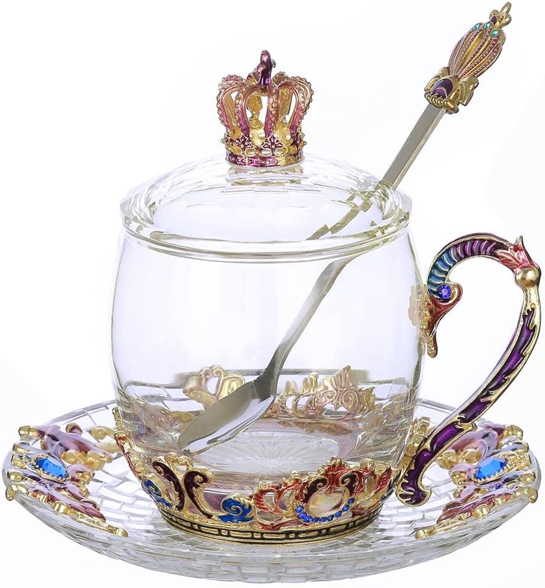 Glazen theekop - Kroon mok - Warme dranken - Handgeschilderd emaille - 330 ml - Bloemenprint