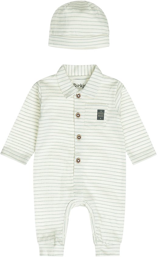 Combinaison blanc cassé à rayures vert clair, col, boutons et patch, avec bonnet assorti.