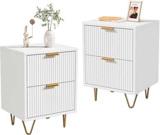 Set van 2 Nachtkastjes, Nachttafel van hout met opbergruimte, Bed Nachtkast, Bijzettafels, voor Slaapkamer, Woonkamer, L40 x H55 cm, Wit
