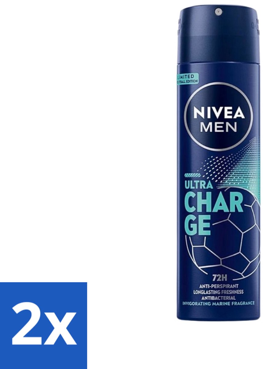 2 x Nivea - Men - Deodorant - Spray - Ultra Charge - 150 ml - Deodorant Spray - Anti-transpirant - 48 Uur Bescherming - Mannelijke Geur - Huidverzorging