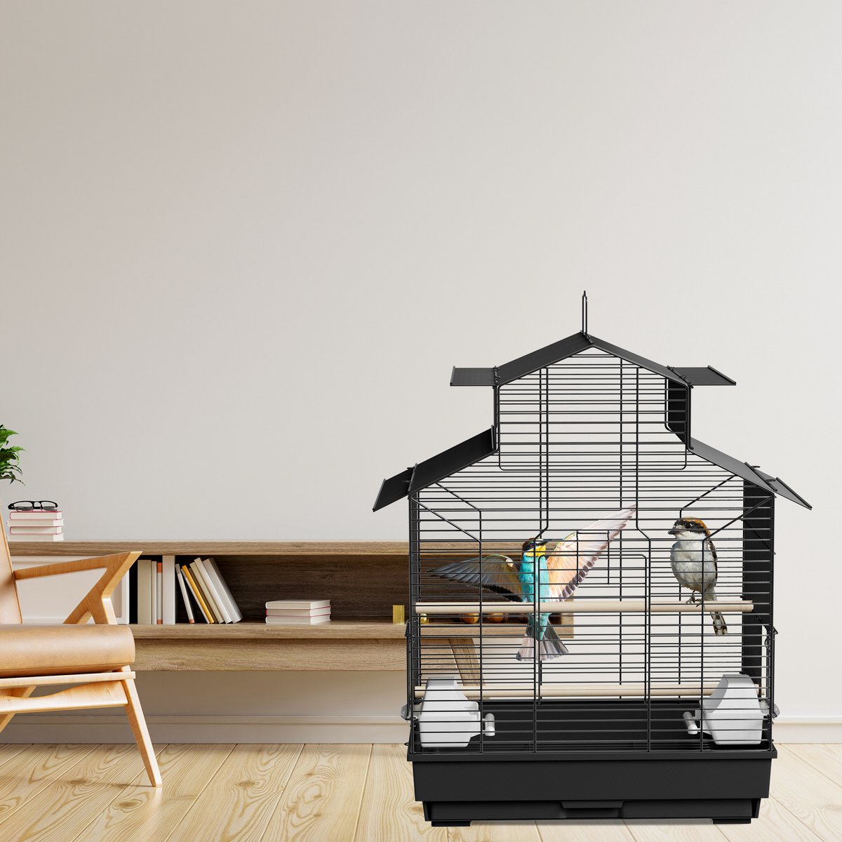 Froadp Vogelkooi Parkietkooi Metaal 46 x 36 x 62 cm Grote kooi voor parkieten, kanaries en exotische vogels met praktisch te openen dak, 2 voederhuisjes, 2 zitstokken en verwijderbare mestplaat thumbnail 3