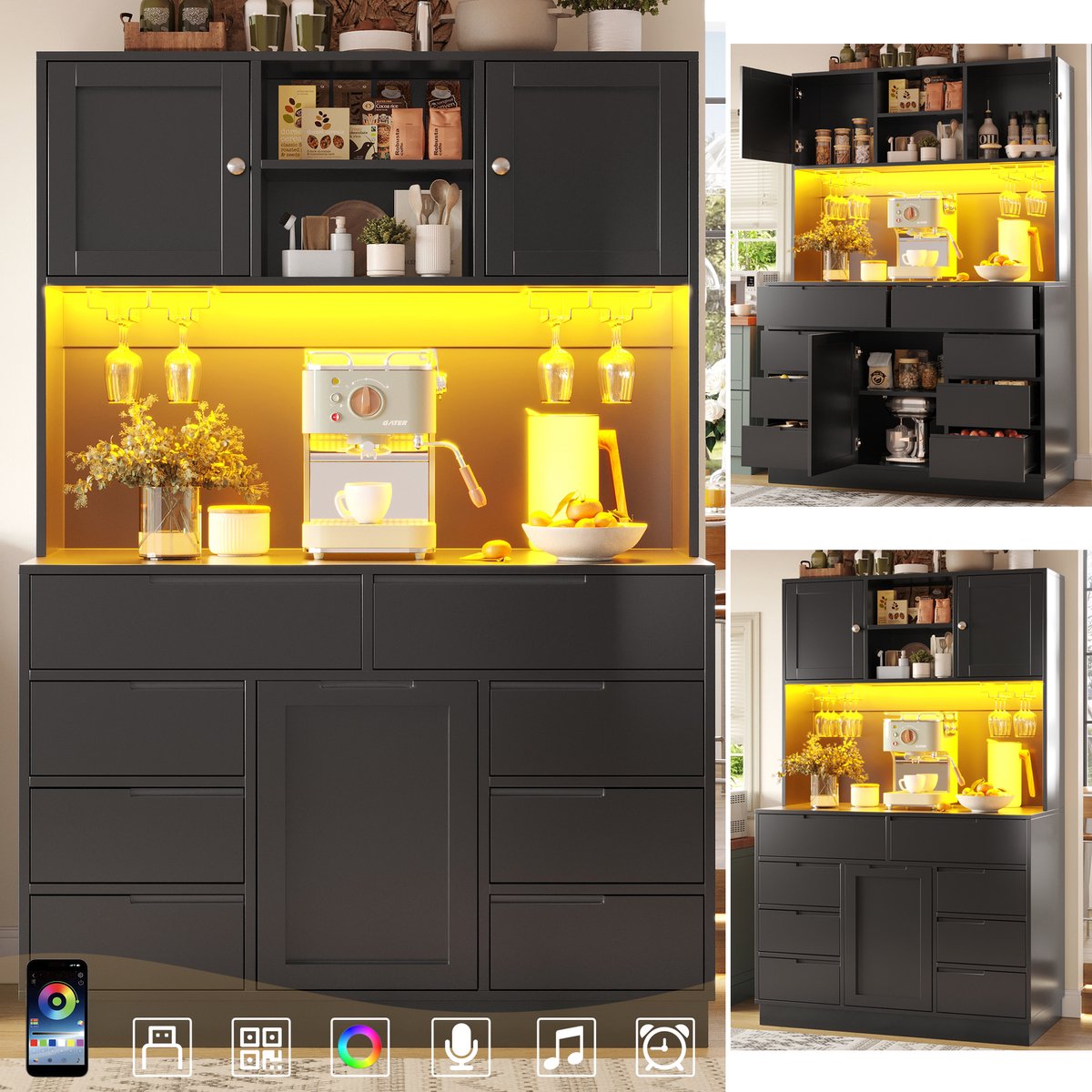 Keukenkast - 120x40x183.5 cm - Hochschrank met Smart LED - 8 Laden en Magneetsluiting - Hout - Zwart