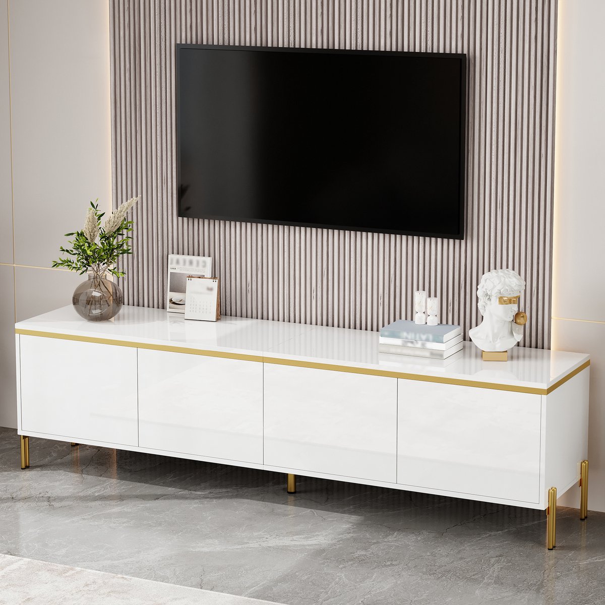 STILVORA Televisiemeubel - Hoogglans Met 4 Deuren En Kabeldoorvoer - Opbergruimte Voor Woonkamer - Spaanplaat - Wit 170x38x50 Cm