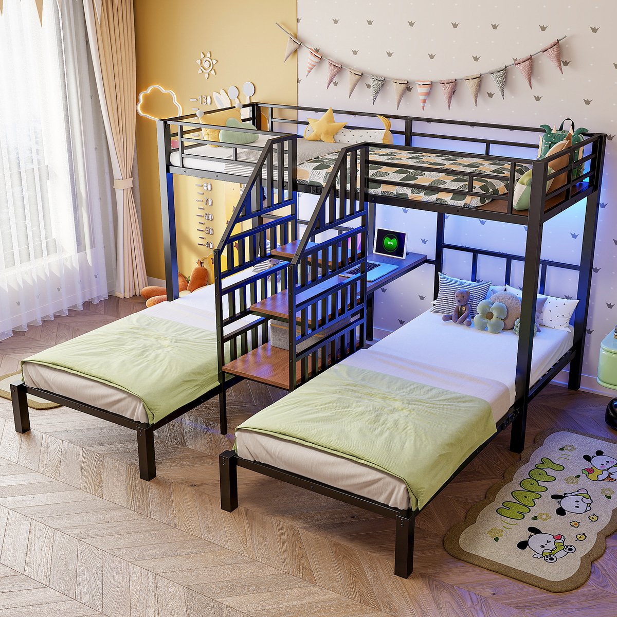 STILVORA Stapelbed 90x200 cm – Drie Slaapplaatsen Met Ledverlichting – Bureau Met Plank – Trap Met Opbergruimte – Zonder Matras – Metaal En MDF – Zwart