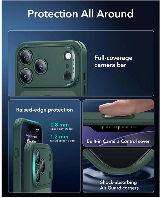 Groene iPhone hoes met verhoogde camera- en schermranden, ingebouwde camera control.
