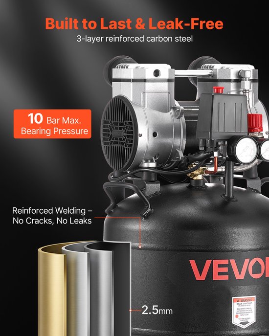 VEVOR 30l Luchtcompressor, 2 Pk Luchtcompressor, 113 L/Min Bij 6,2 Bar, Max. 10 Bar Druk, Olievrije Compressortank voor Autoreparaties, Banden Oppompen, Schilderen, Houtbewerking en Spijkeren van Merkloos — afbeelding 4