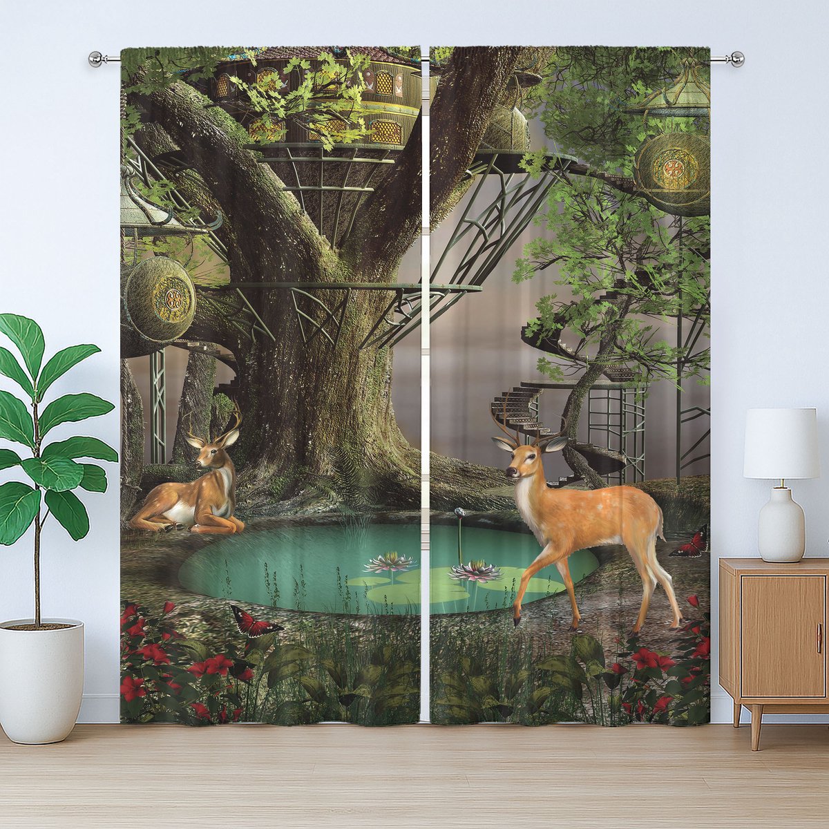 ABAKUHAUS Rustiek Natuurlijk Gordijn, Abstracte Herten en Boomhut, met Bandjes en Lussen voor de Woonkamer, 280 x 225 cm, Multicolor