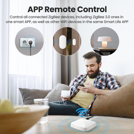 Homme utilisant un smartphone pour contrôler des appareils intelligents, avec une passerelle intelligente blanche et des appareils connectés.