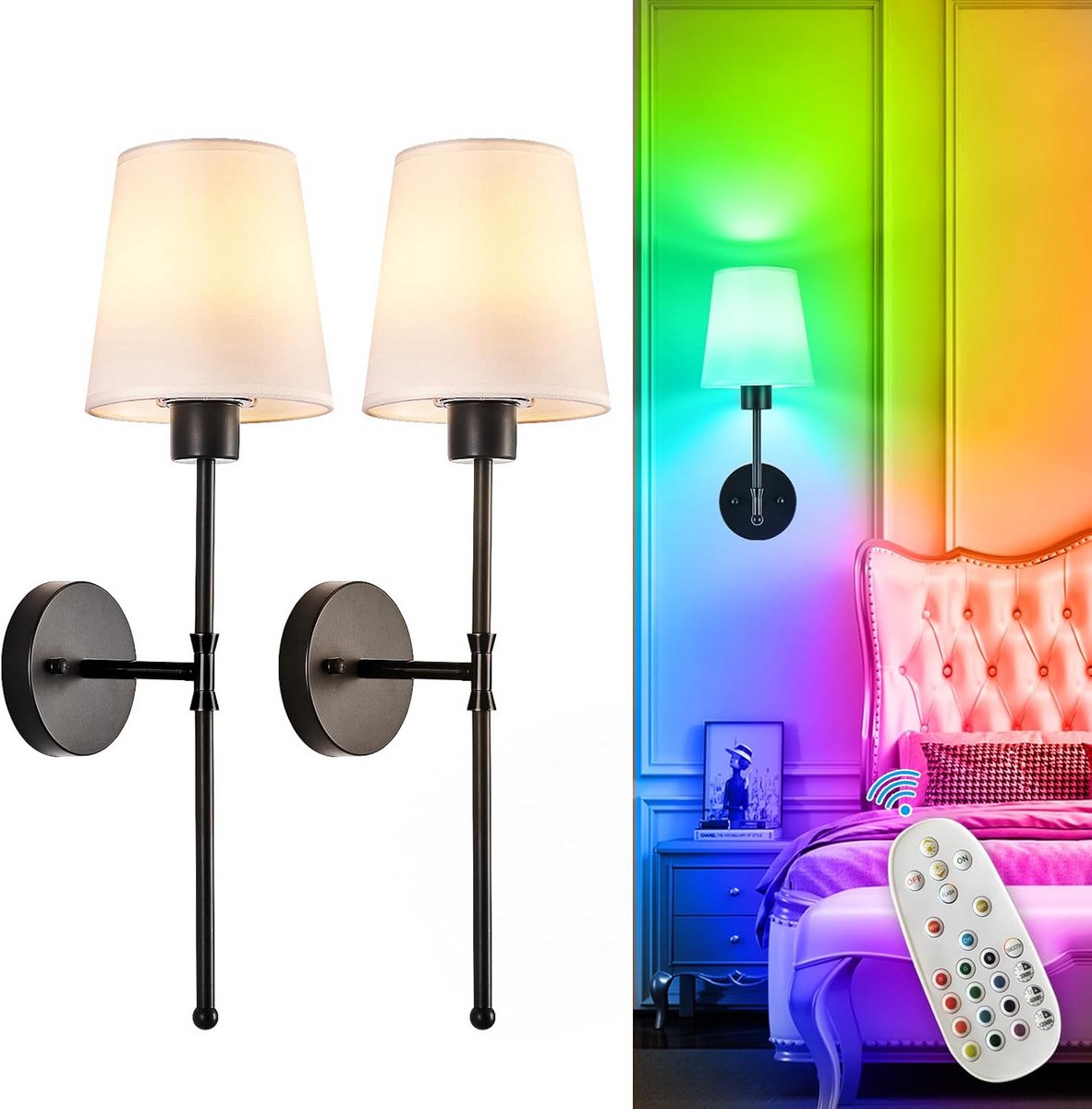 Draaadloze Wandlamp Set van 2 met Afstandsbediening - USB Oplaadbaar Zwart Licht voor Slaapkamer en Woonkamer