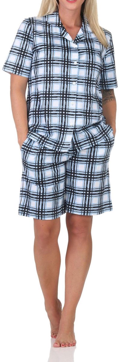 Normann dames pyjama shorty met korte mouwen en doorknoop in ruitlook - ook in grote maten hellblau