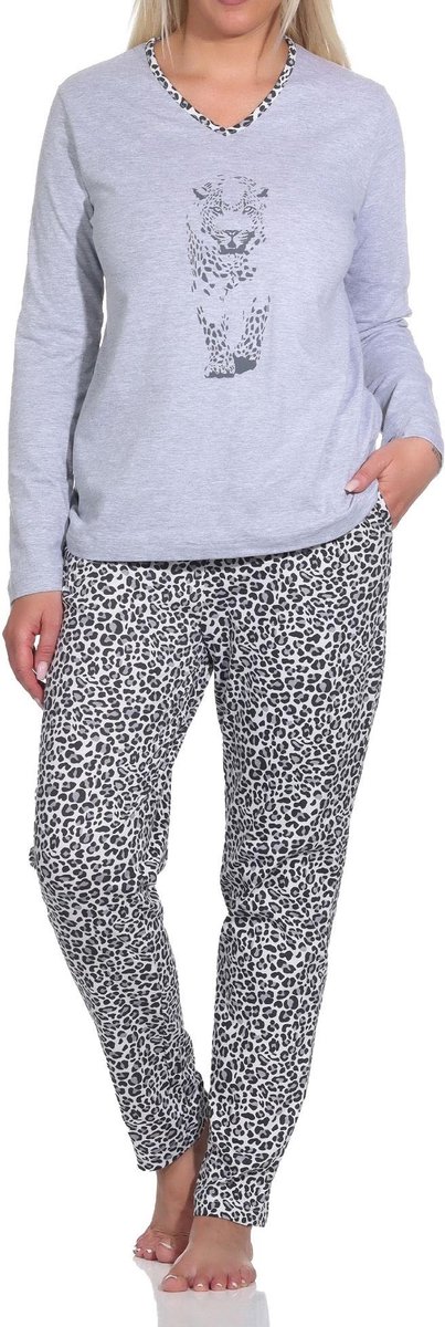 Normann dames pyjama met lange mouwen en dierenprint, broek met dierenprint grau-mel.