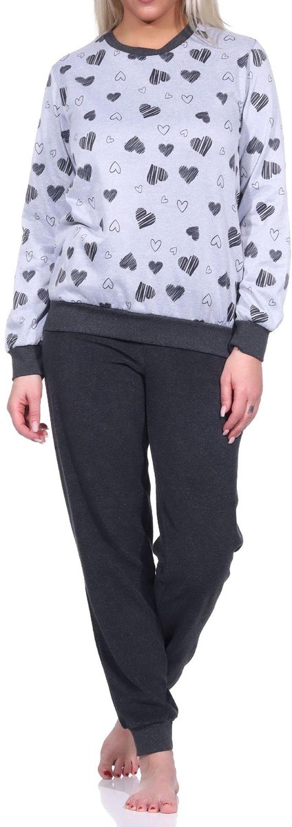 Normann Dames badstof pyjama met manchetten Pyjama in grote hartjes look - ook in overmaten grau-melange