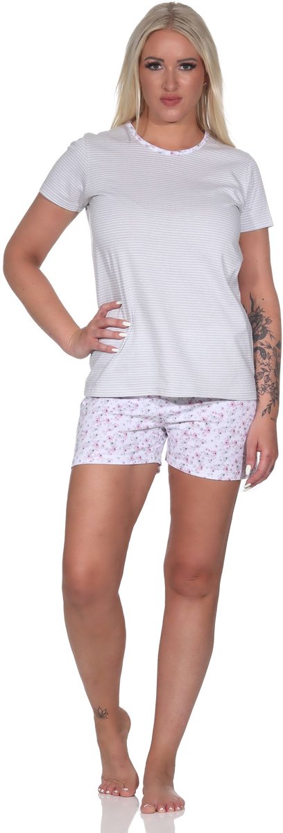 Normann Gebloemde dames shorty pyjama, pyjama met korte broek en strepen grau