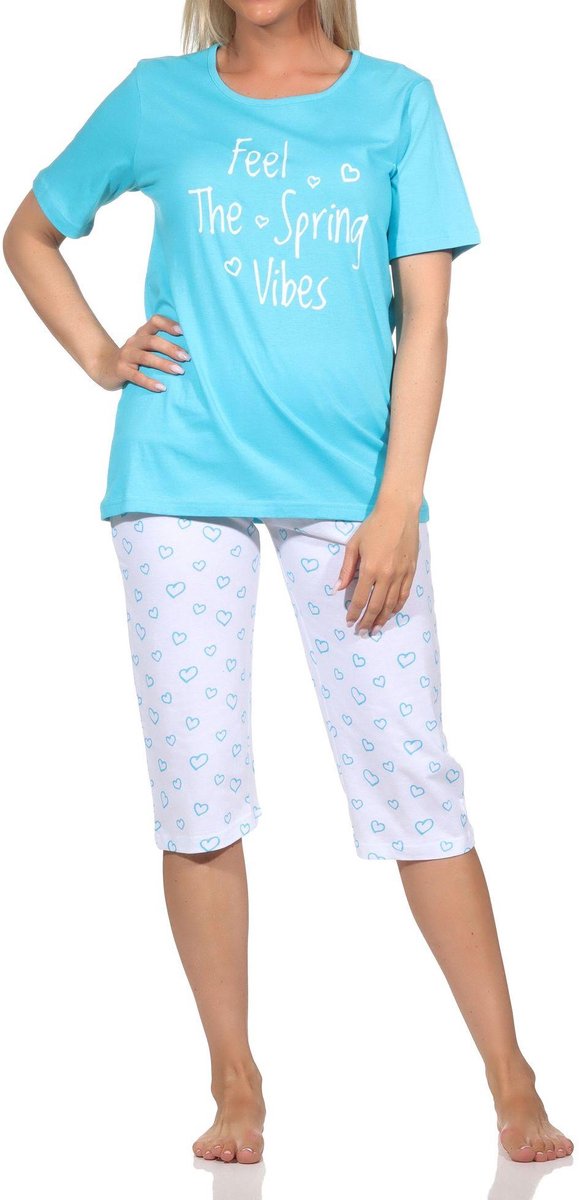 Normann dames pyjama korte mouw, pyjama capri broek in hartjeslook hellblau