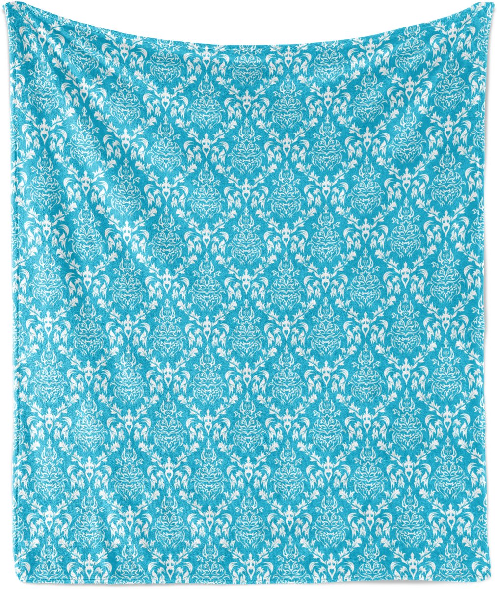 ABAKUHAUS Blauw-witte zachte flanellen fleece deken, Venetiaans damast, knusse pluche plaid, 125 x 175 cm, hemelsblauw en wit